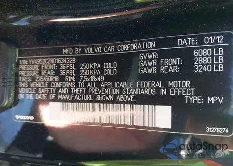 2013 Volvo Xc90 3.2/3.2 Platinum/3.2 Premier Plus z USA, uszkodzony, nr VIN YV4952CZ8D1634328